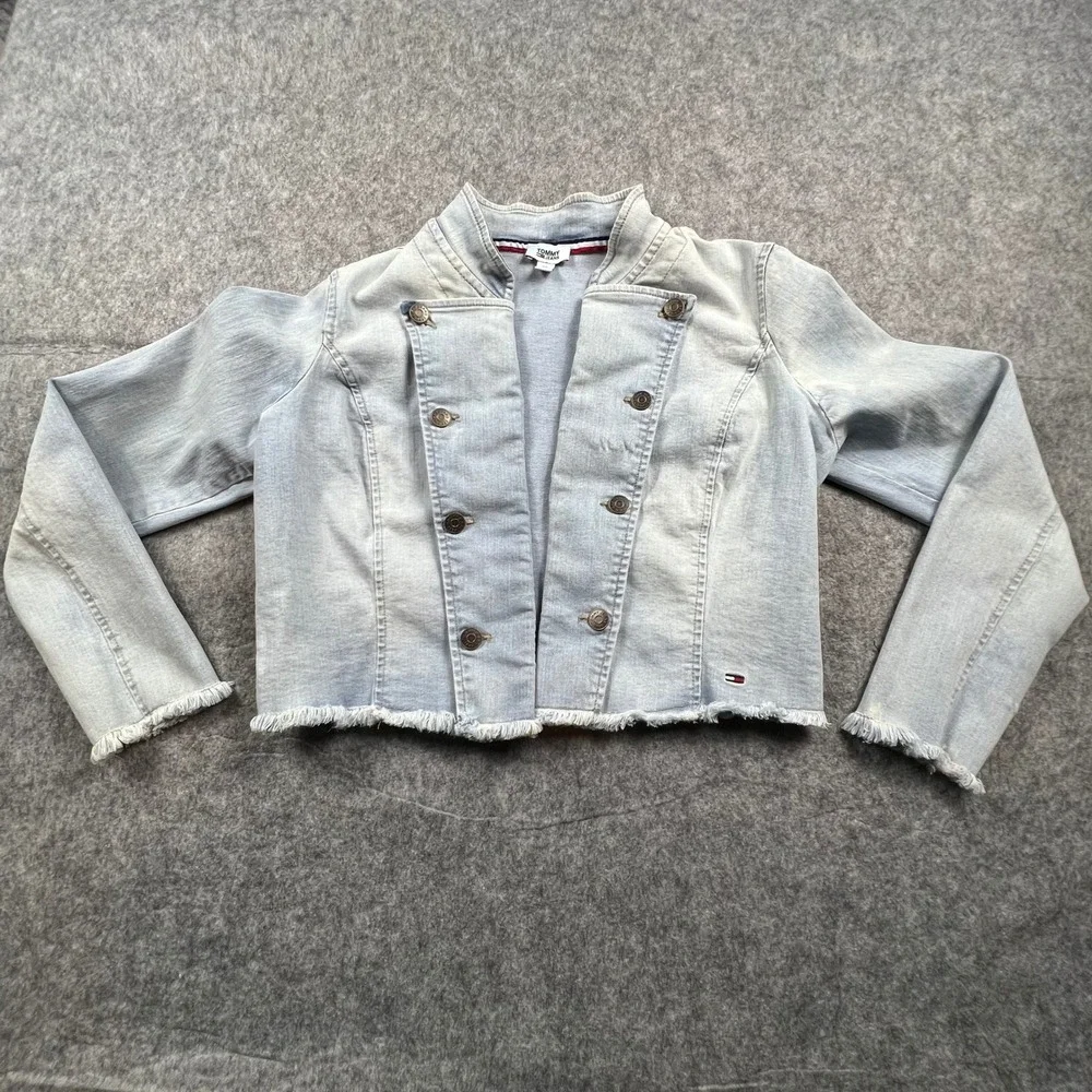 Tommy Jeans Womens Size Small Light Wash Military‎ Denim Jacket Cropped Y2K